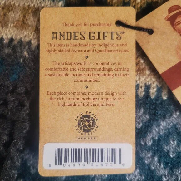 NWT! Andes Gifts Fair Trade Handmade Alpaca Blend Blue/Gray/Tan Pattern w/Fringe - Picture 8 of 10
